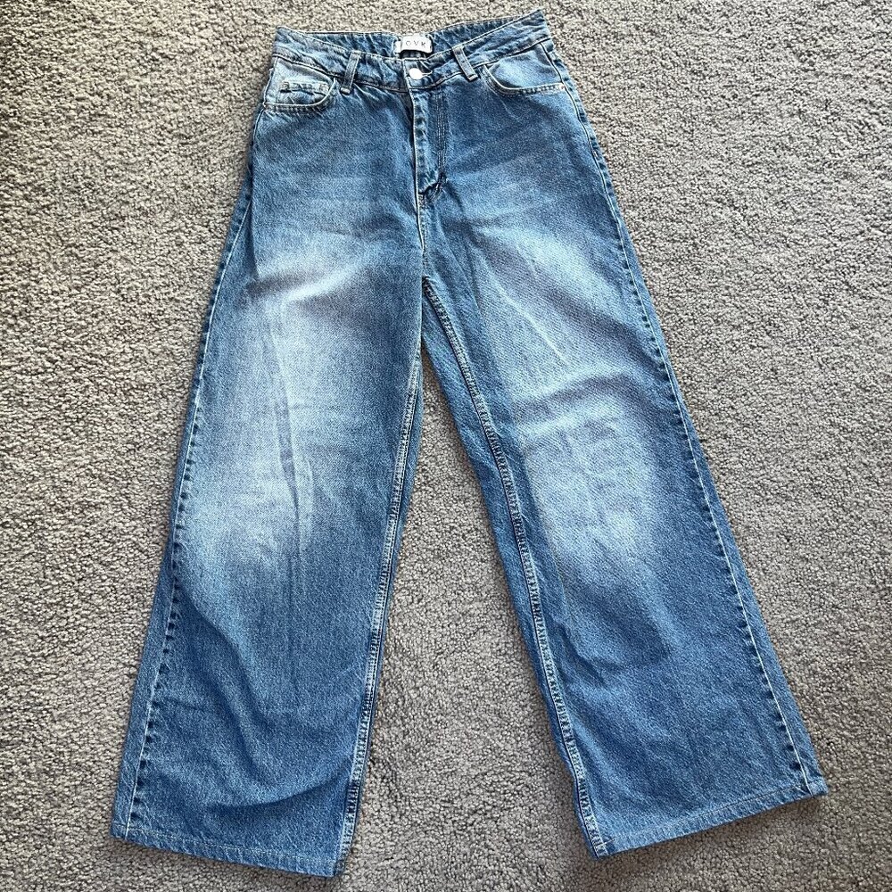 VOVK DENIM BLUE JEANS- FROM UKRAINE HIGH WAIST WIDE LEG - SIZE MEDIUM W28XL28